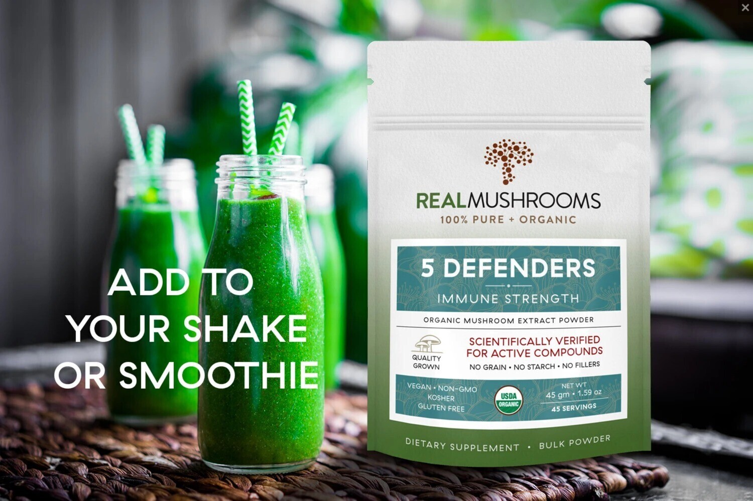 5 Defenders 1000 mg 45g Bulk Powder Real Mushrooms