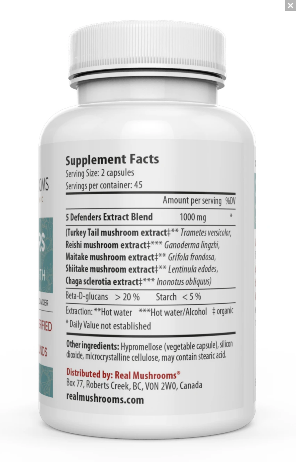 5 Defenders 1000 mg 90 Capsules Real Mushrooms