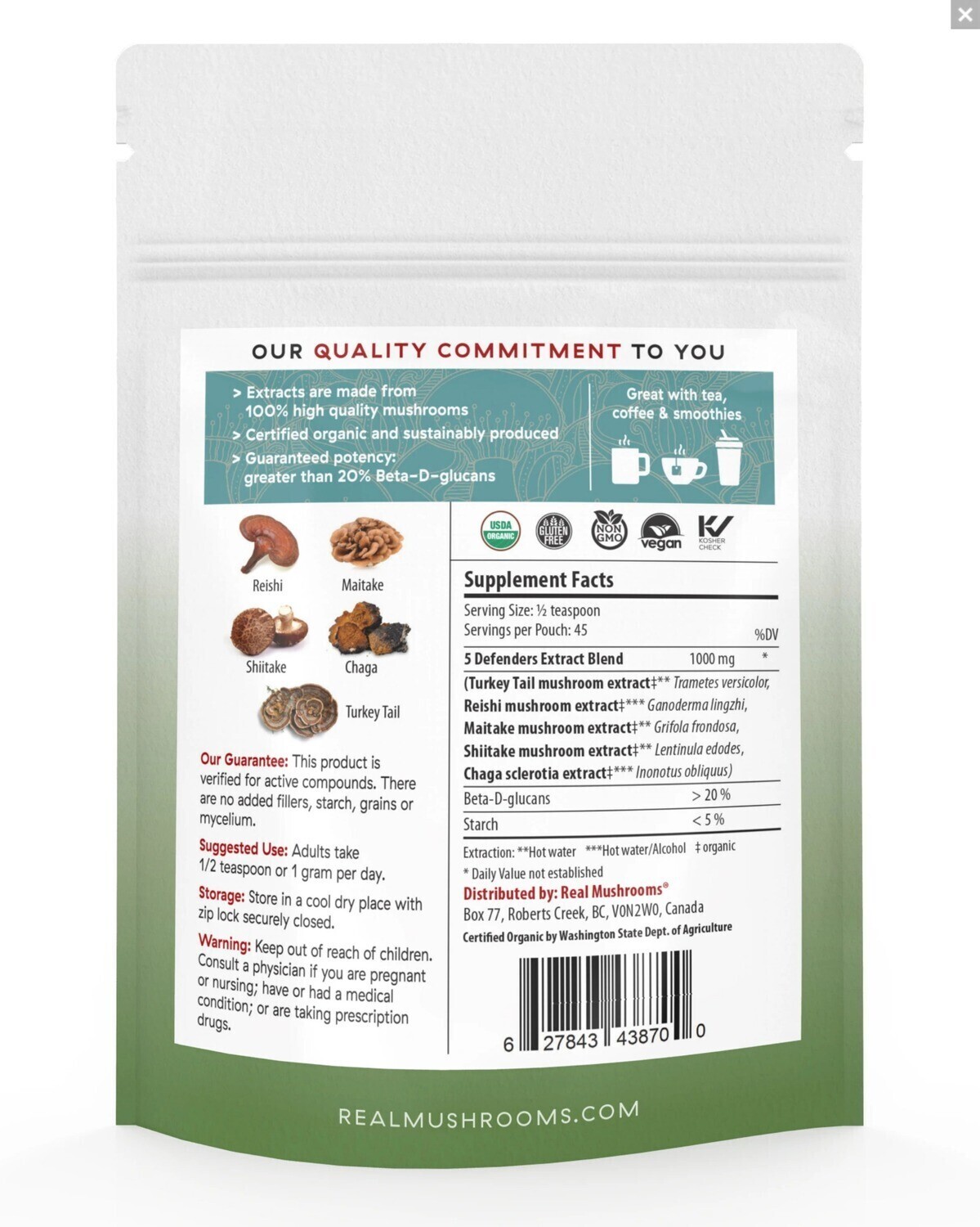 5 Defenders 1000 mg 45g Bulk Powder Real Mushrooms