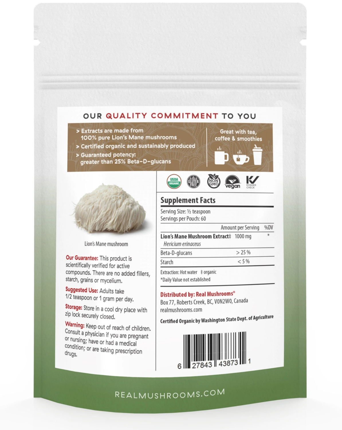 Lions Mane 1000 mg 60 g Bulk Powder Real Mushrooms