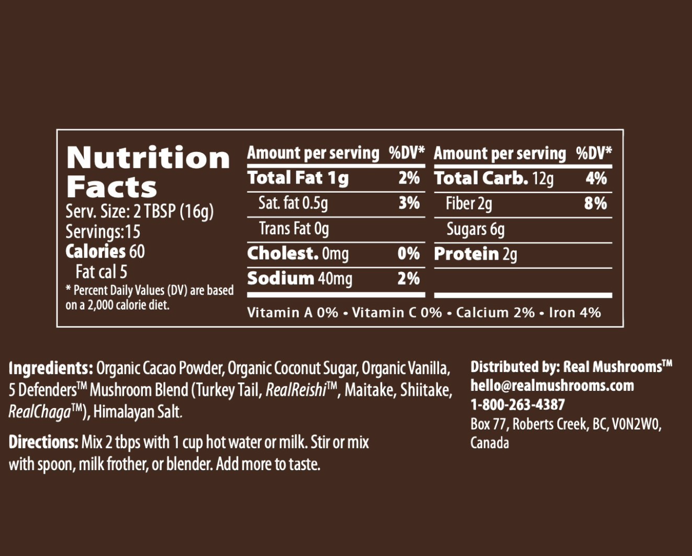 Mushroom Hot Chocolate Mix 500 mg 240 gr Real Mushrooms