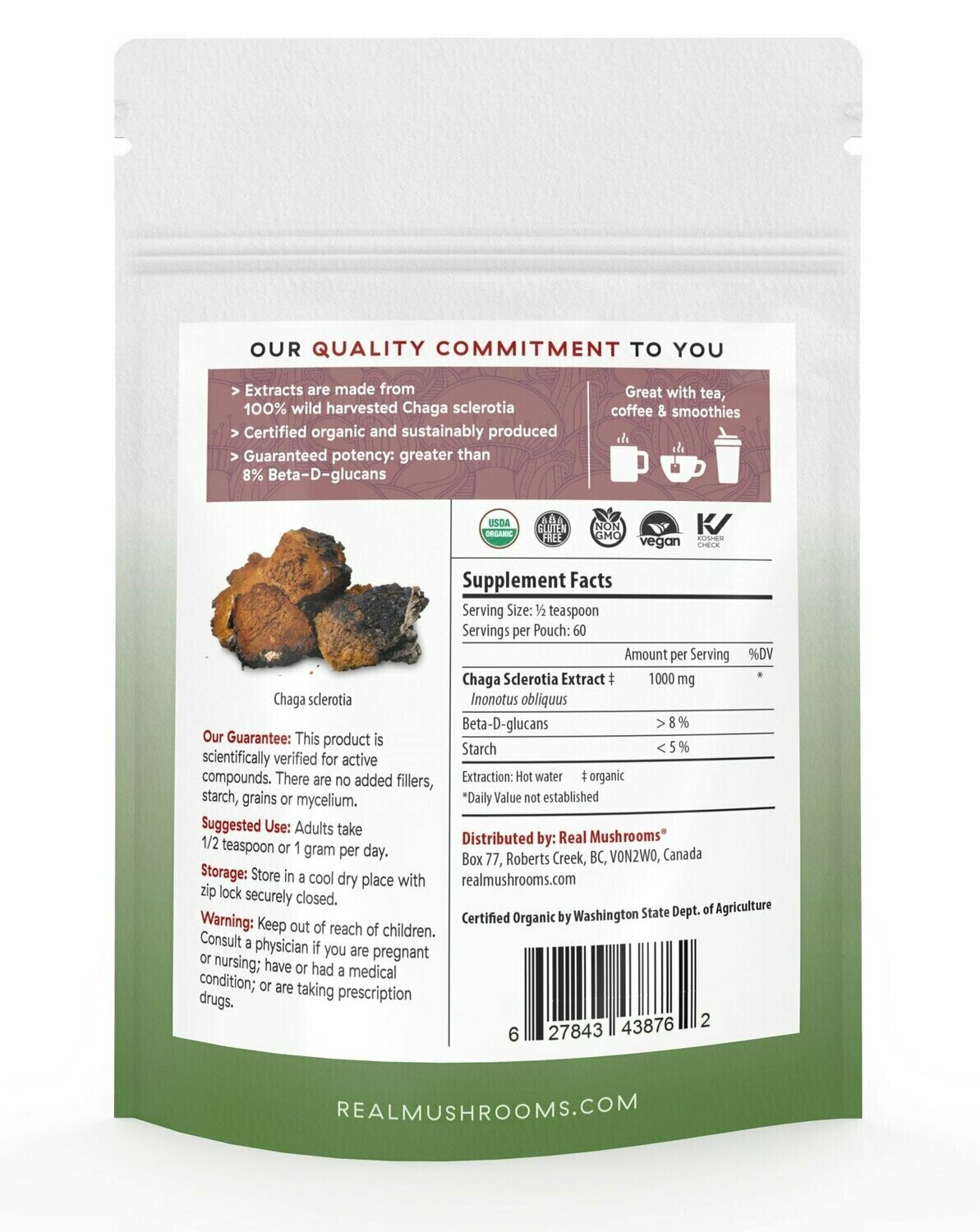 Chaga Extract 1000 mg 60 g Bulk Powder Real Mushrooms