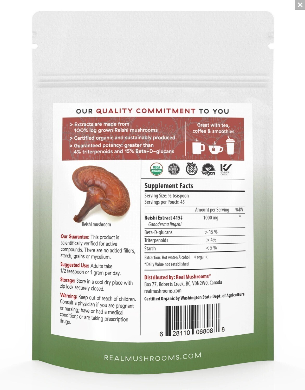 Reishi 415 Longevity 1000 mg  45 g Bulk Powder  Real Mushrooms