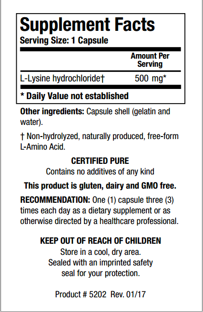 L-Lysine HCl (Amino Acid) 500 mg 100 Capsules Biotics Research