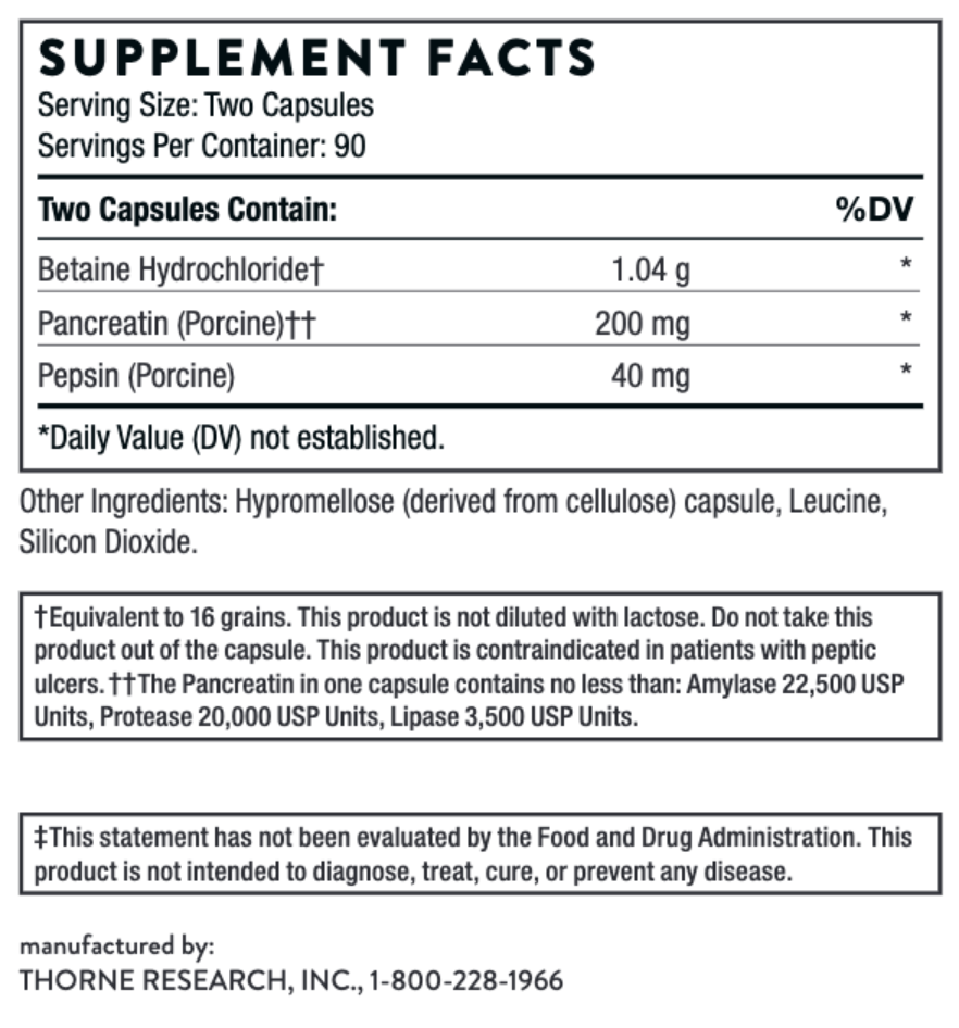 B.P.P. Digestive Enzymes  (Betaine/Pepsin/Pancreatin)  180 caps Thorne