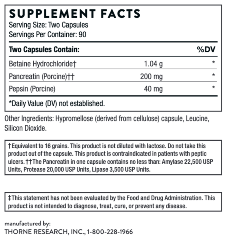 B.P.P. Digestive Enzymes  (Betaine/Pepsin/Pancreatin)  180 caps Thorne