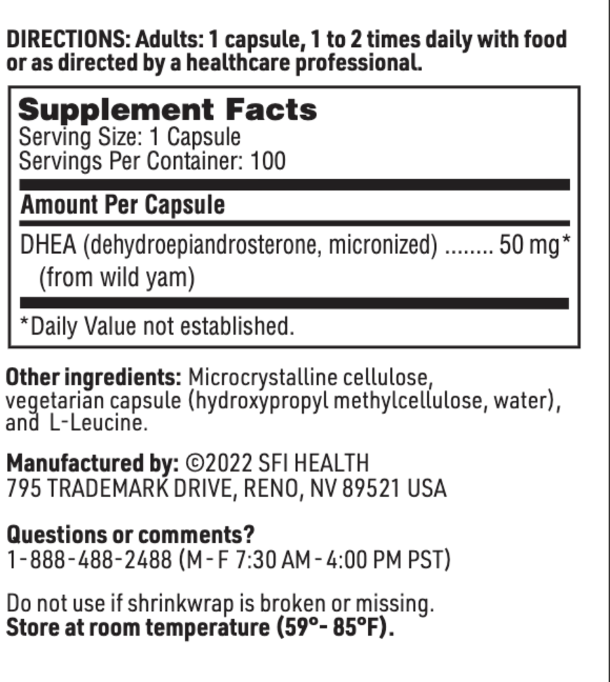 DHEA 50 MG 100 CAPSULES SFI HEALTH