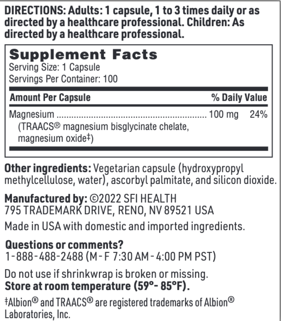 MAGNESIUM GLYCINATE COMPLEX 100 mg 100 capsules SFI HEALTH