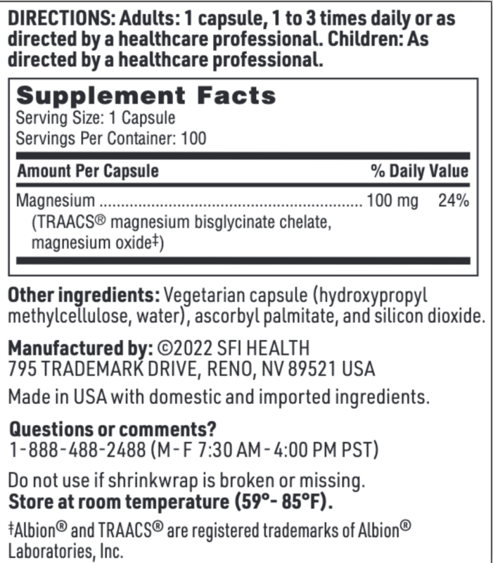 MAGNESIUM GLYCINATE COMPLEX 100 mg 100 capsules SFI HEALTH
