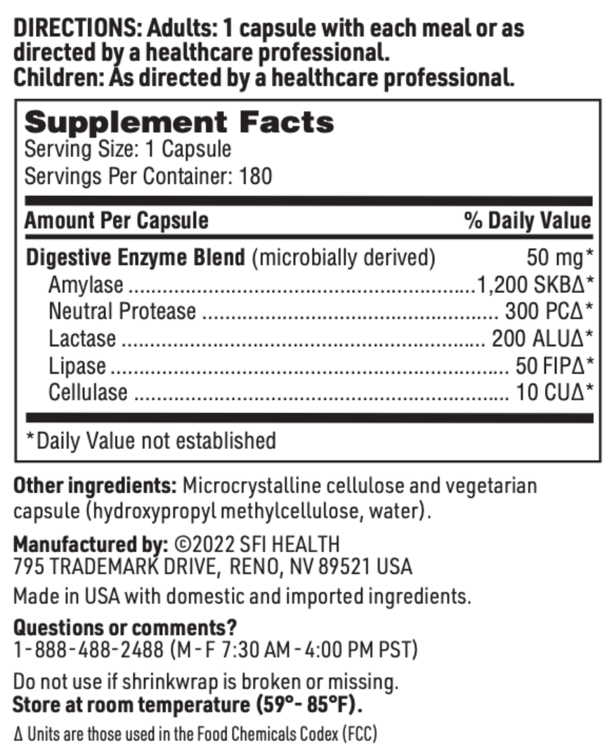DIGESTIVE ENZYMES 180 CAPSULES SFI HEALTH