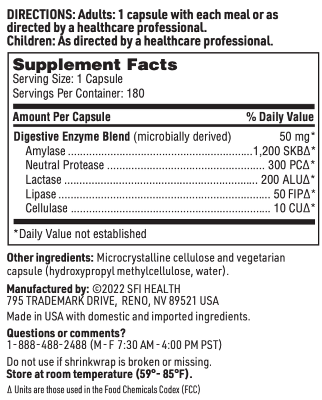 DIGESTIVE ENZYMES 180 CAPSULES SFI HEALTH
