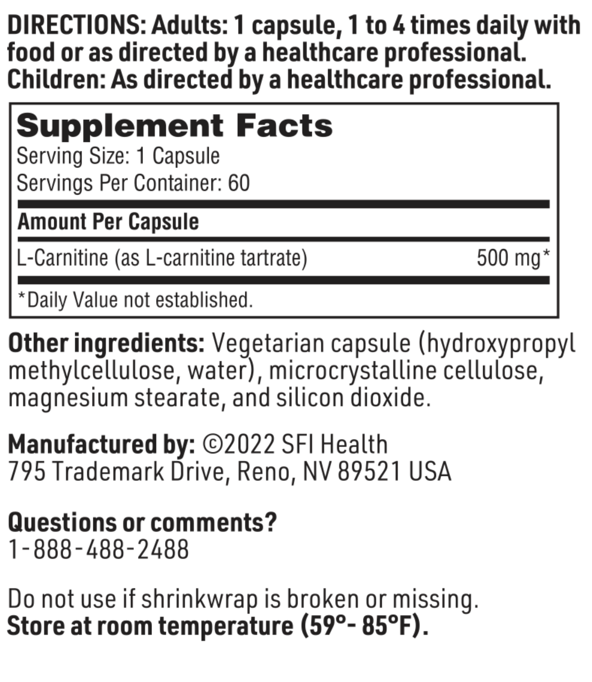 L-Carnitine Tartrate 500 mg 60 caps  SFI HEALTH