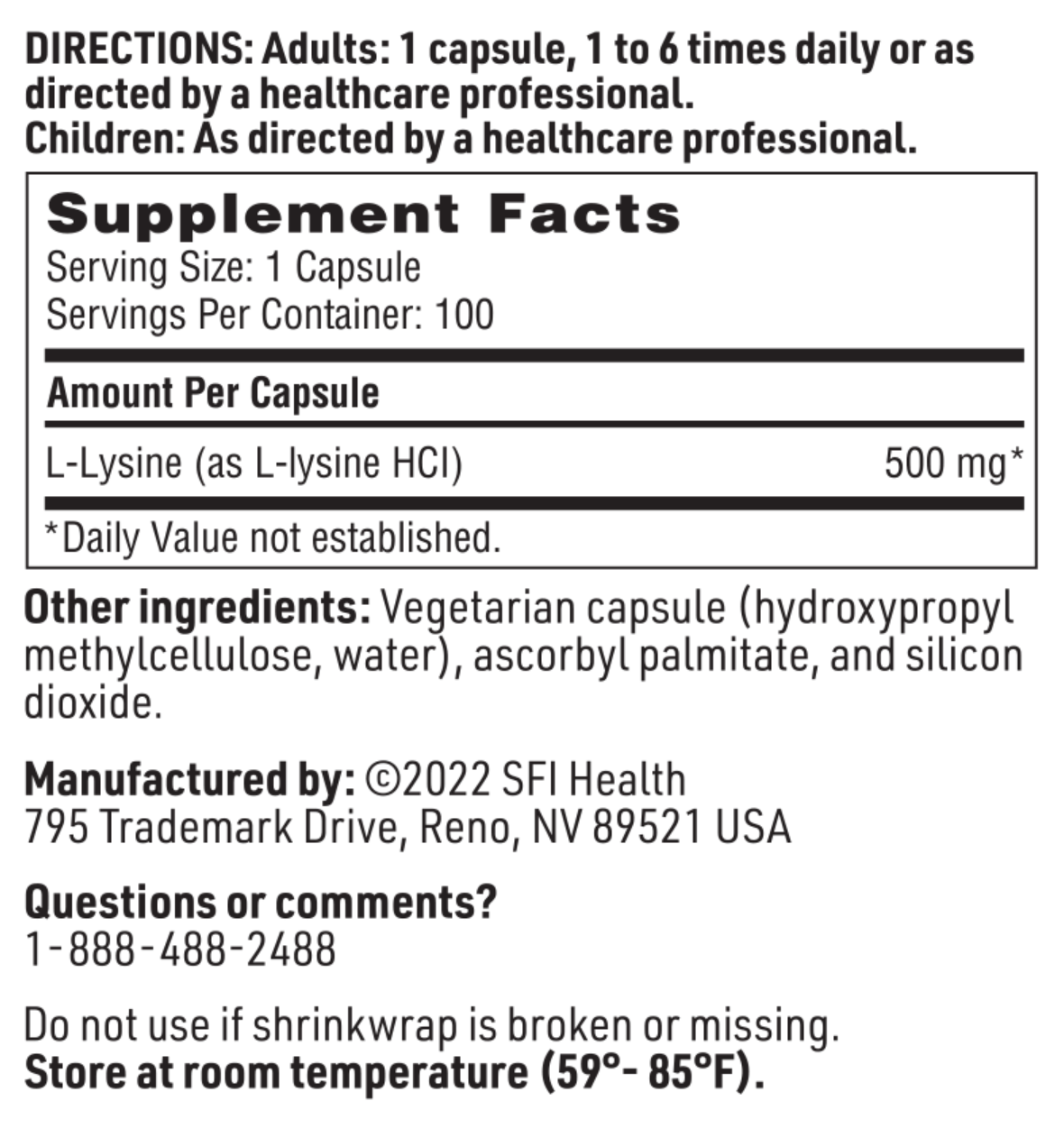 L-Lysine 500 mg 100 caps SFI HEALTH