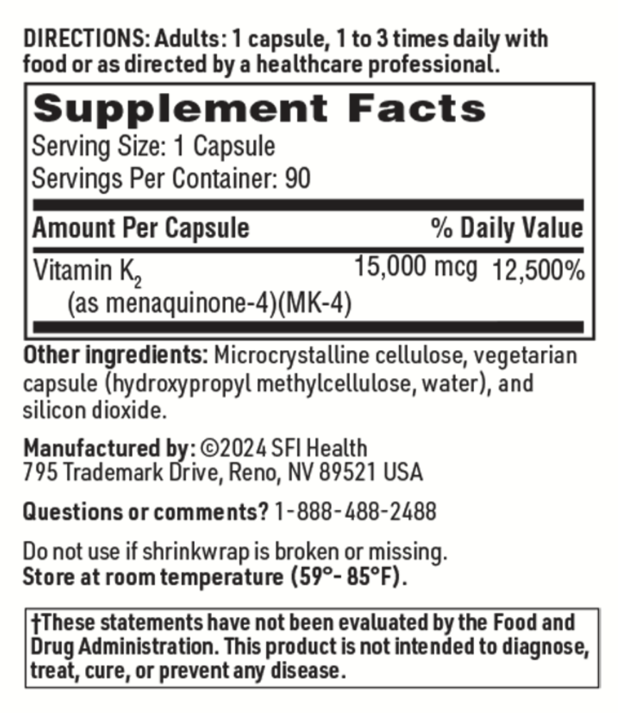 Ultra K2 Menaquinone - 4  90 CAPSULES SFI Health