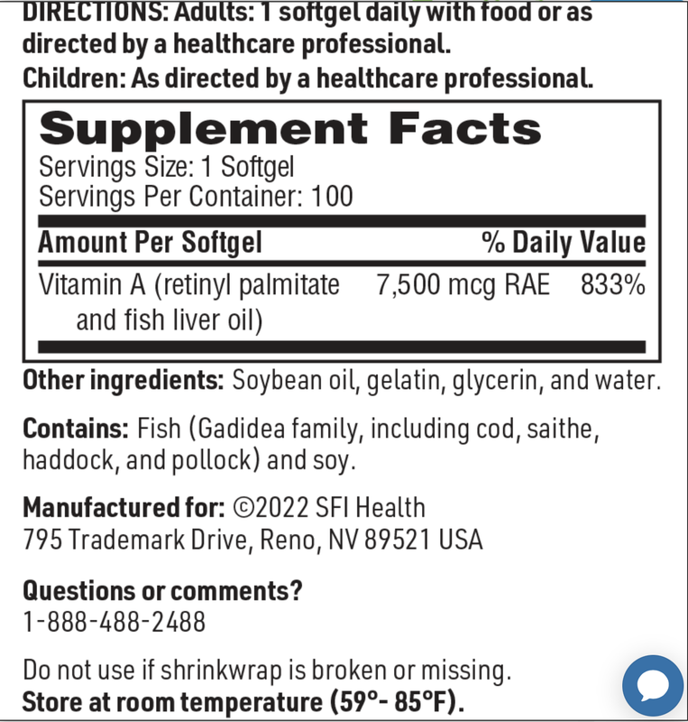 Vitamin A 7500 mcg 100 SOFTGELS  SFI Health