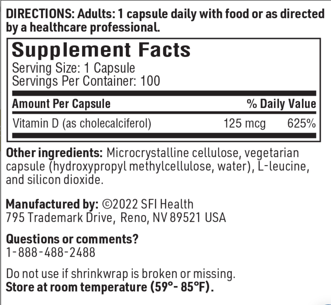 Vitamin D3 1000 IU 100 CAPSULES  SFI Health