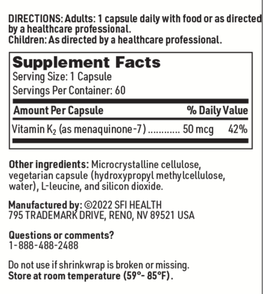 Vitamin K2 50 mcg 60 CAPSULES SFI Health