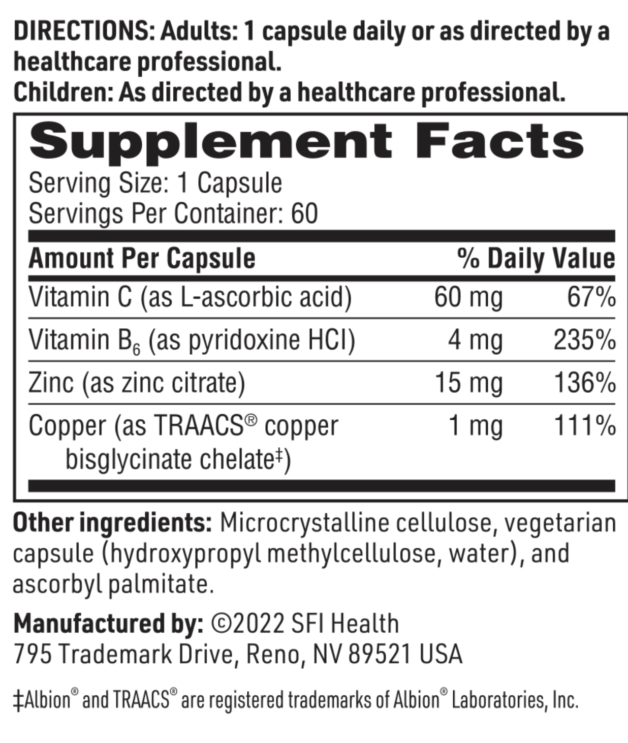 ZINC PLUS 60 mg 60 VEGETARIAN CAPSULES SFI Health