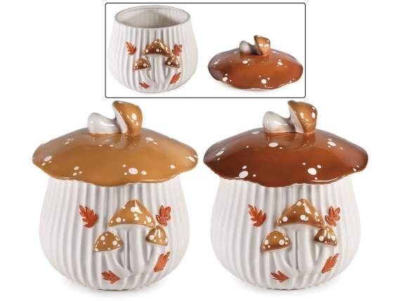 Barattolo alimentare a fungo in ceramica c/decori in rilievo