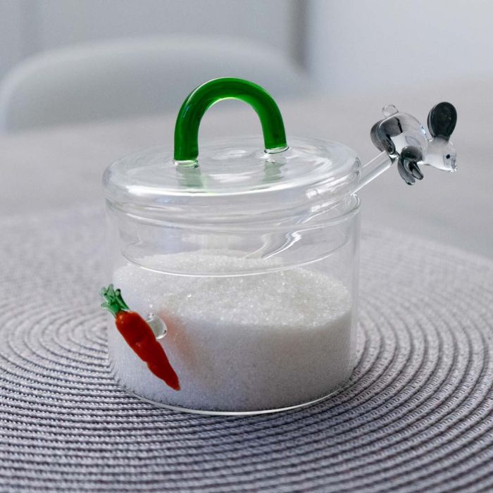 Zuccheriera in vetro con cucchiaino e decori in vetro colorato con figura Coniglio