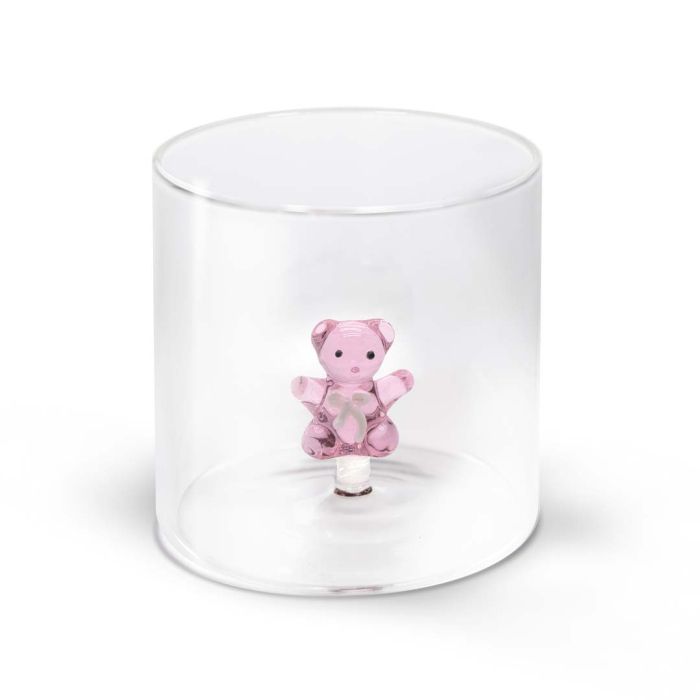 Bicchiere in vetro borosilicato con soggetto in vetro colorato all&#39;interno figura Orsetto rosa
