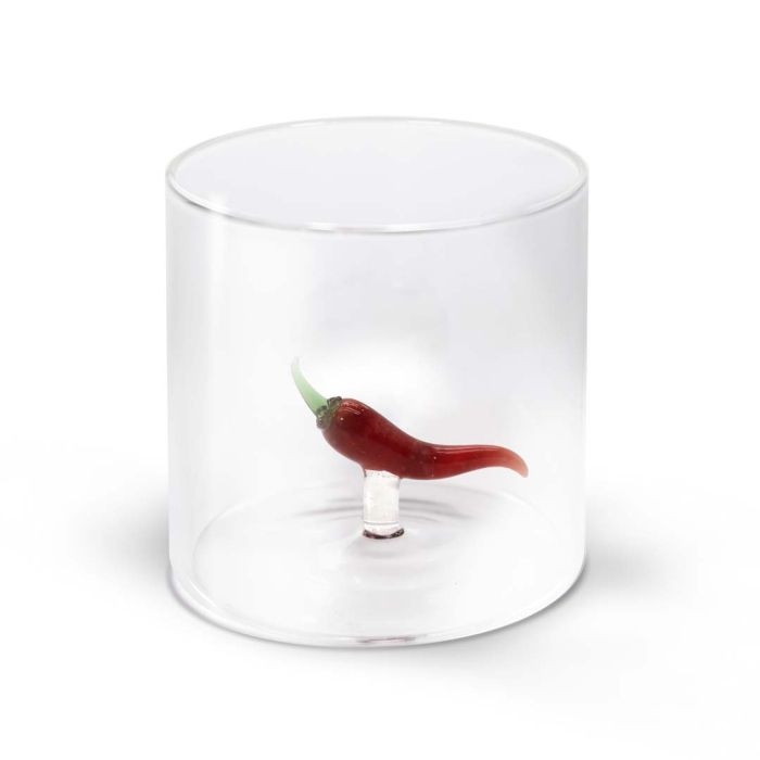Bicchiere in vetro borosilicato con soggetto in vetro colorato all&#39;interno figura Peperoncino