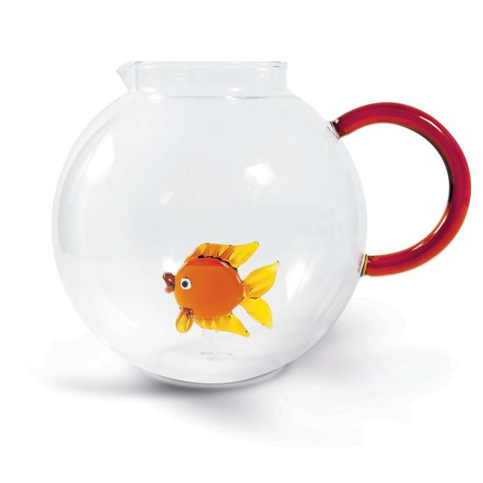 Brocca in vetro borosilicato con soggetto in vetro colorato all&#39;interno figura Pesciolino