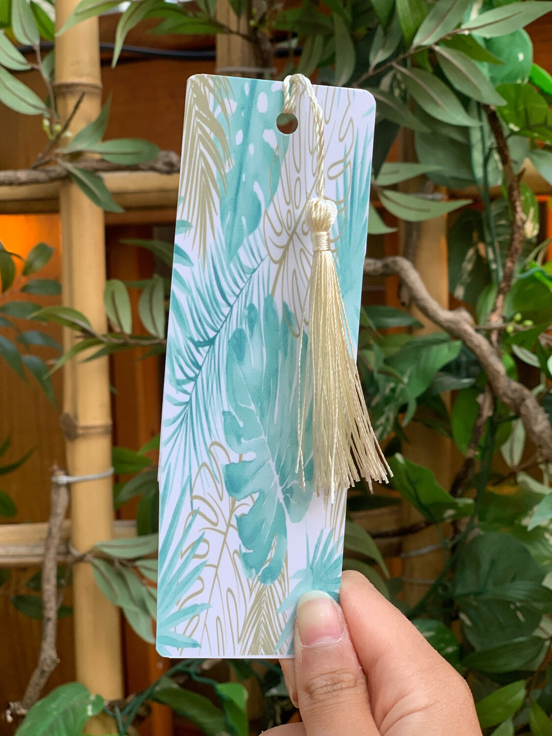 Laminated Blue Palm Bookmark, White Tassel/ Gray Tassel, Please Specify