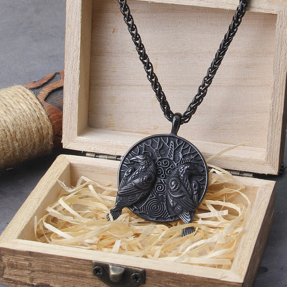 Huginn And Muninn Black Pendant Necklace