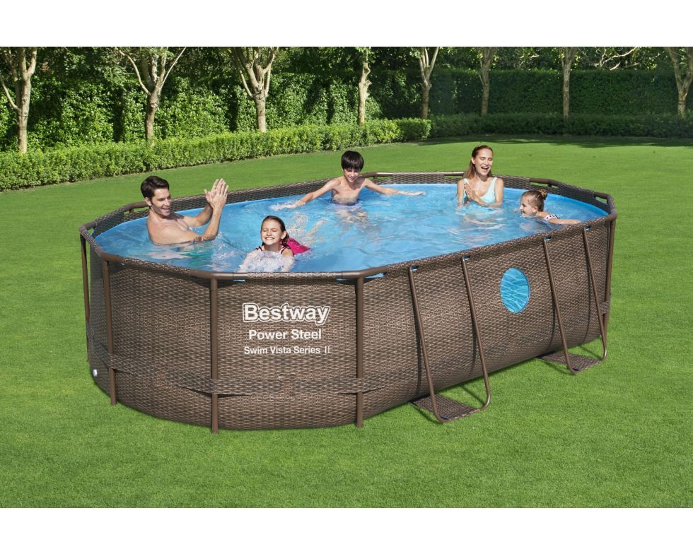 Bestway Set piscina fuori terra ovale Power Steel Swim Vista da 488x305x107  cm con pompa filtro a sabbia effetto rattan scuro
