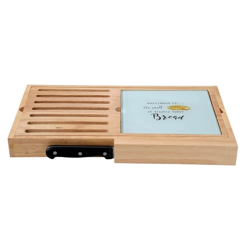 Vassoio taglia pane, contiene: un vassoio taglia pane in bambù, un coltello in acciaio inox, un tagliere di vetro.