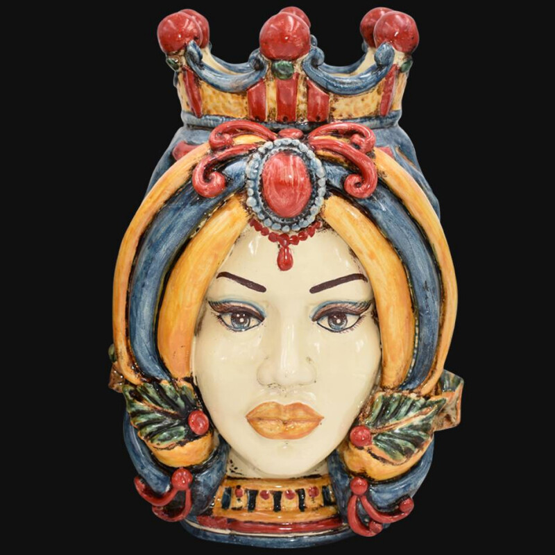 TESTA H 40 TURBANTE IN BLU E ARANCIO FEMMINA - CERAMICHE DI CALTAGIRONE