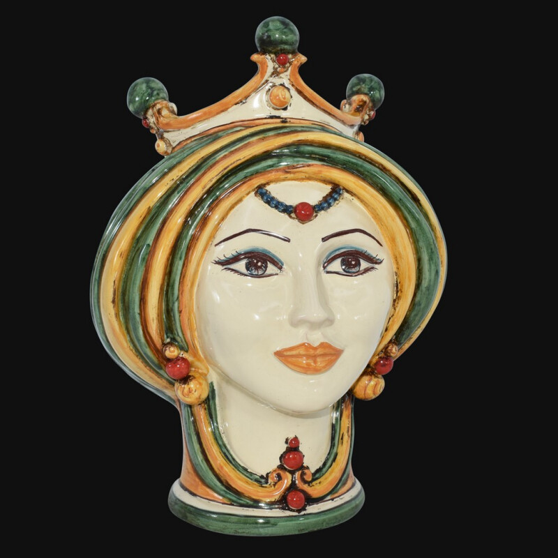 TESTA DI MORO H 30 IN VERDE E ARANCIO DONNA IN CERAMICA DI CALTAGIRONE
