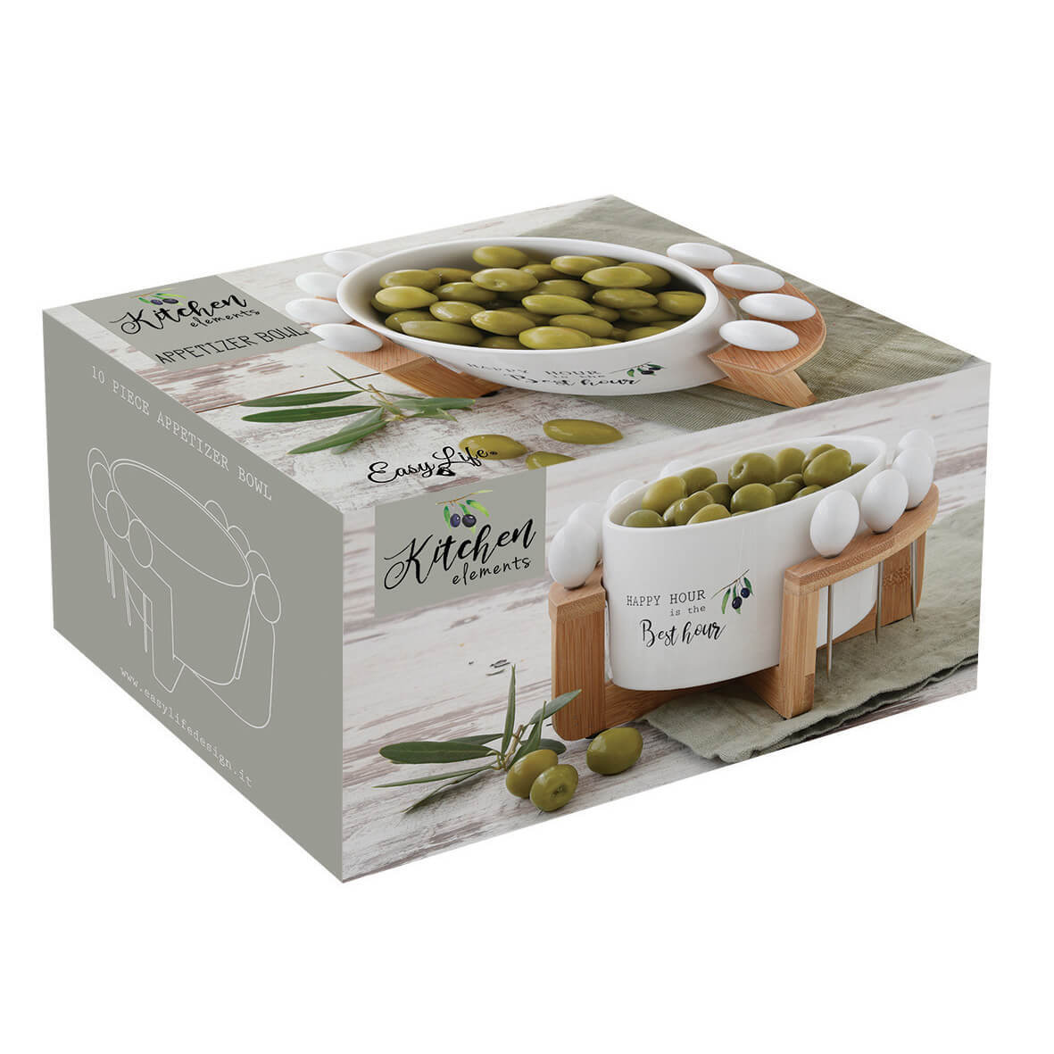 Ciotola aperitivo in porcellana con 8 forchettine e supporto in bambù