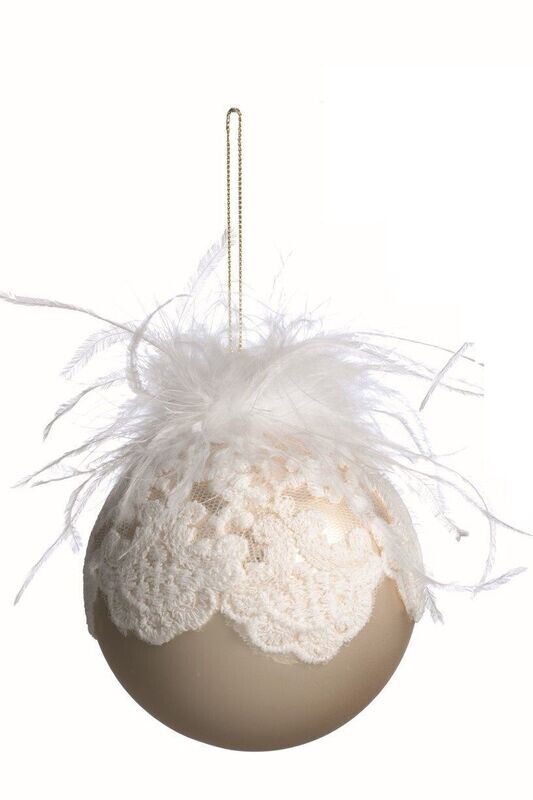 Palla di Natale in vetro champagne con pizzo e piume - Mascagni Palla di Natale in vetro champagne con pizzo e piume - Mascagni