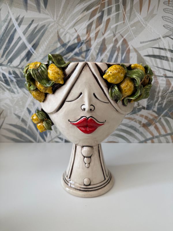 Testa  Zahira Limoni Siciliani in Madreperla viso donna H 30 - Ceramiche di Caltagirone