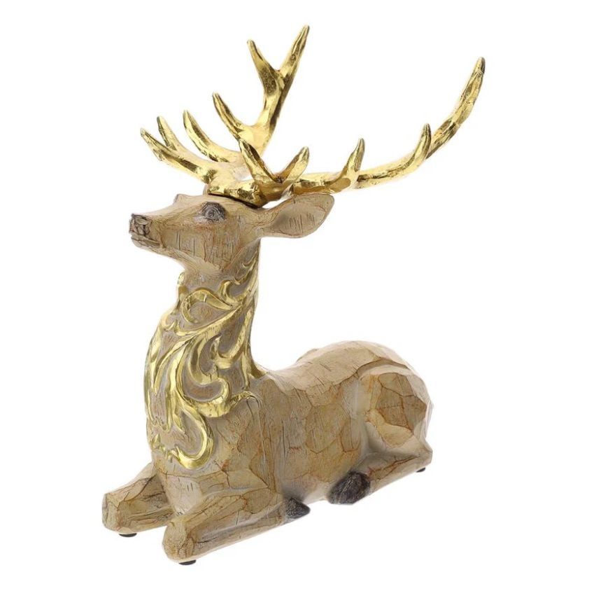 Renna Seduta in resina effetto legno con oro - Hervit