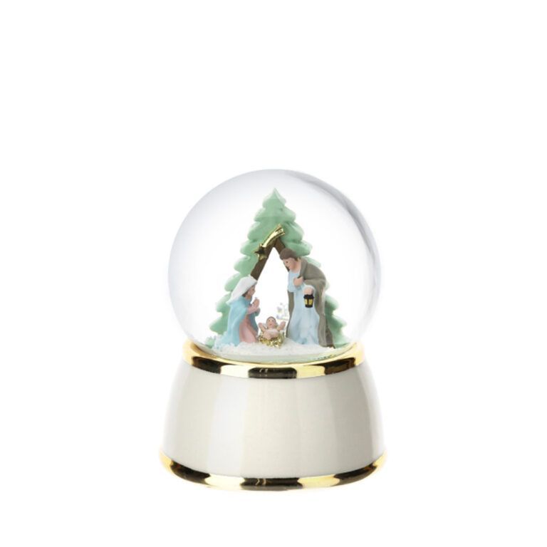 Sfera di neve con natività albero di natale in porcellana bianca e dettagli oro con musica - Hervit