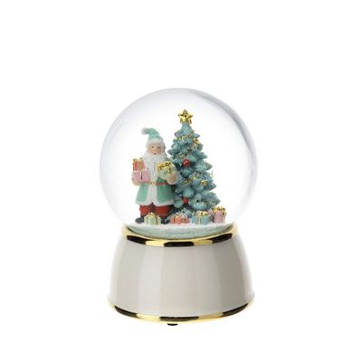 Sfera di neve con Babbo Natale albero in porcellana bianca e dettagli oro con musica - Hervit