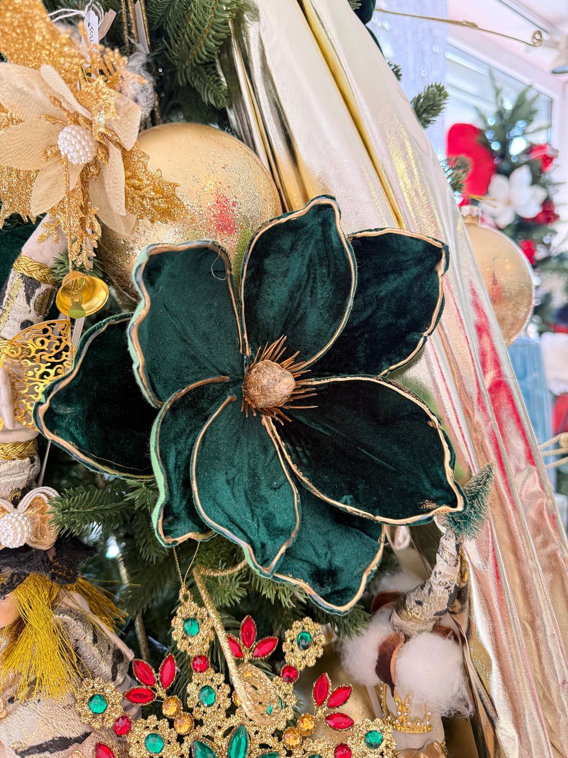 Fiore velluto verde e oro per albero Fiore velluto verde e oro per albero