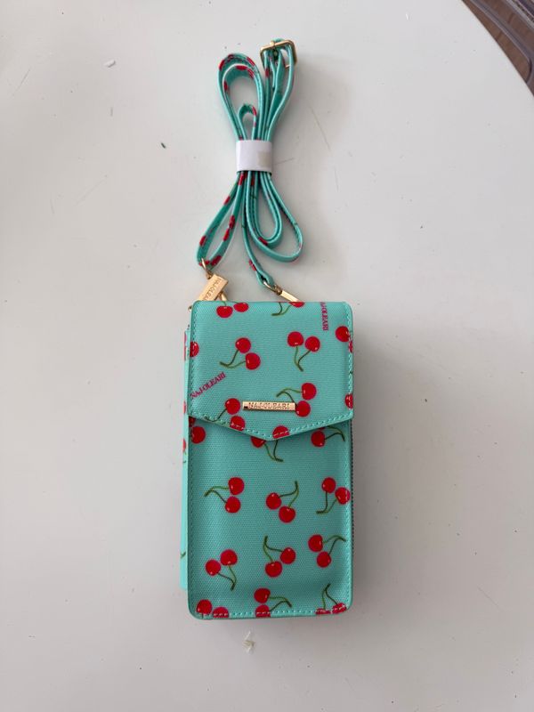 ​Porta cellulare e portafoglio con tracolla azzurra con ciliegie - Naj Oleari