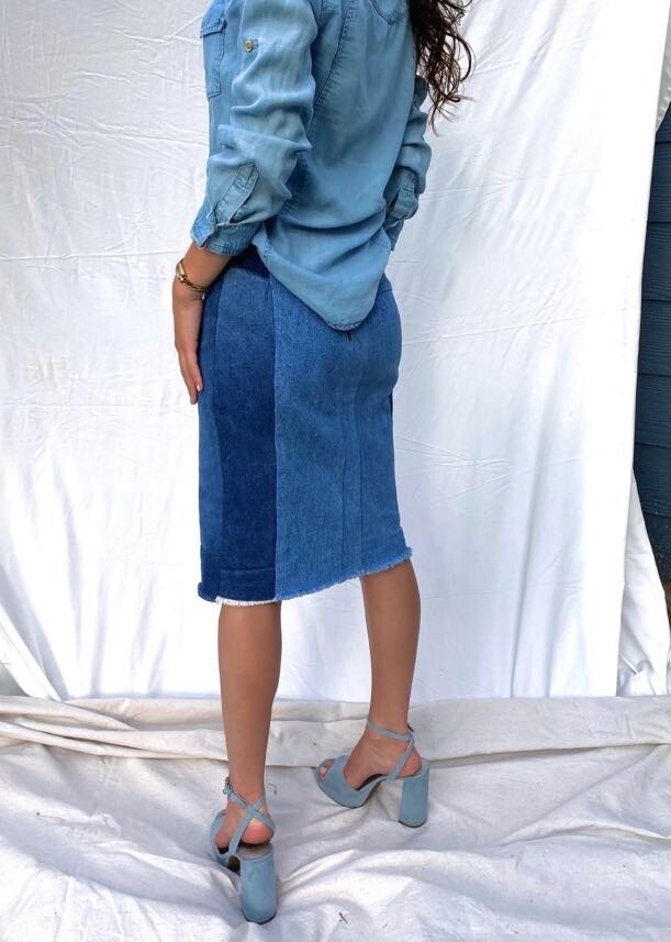 Two Tone Denim Pencil Skirt