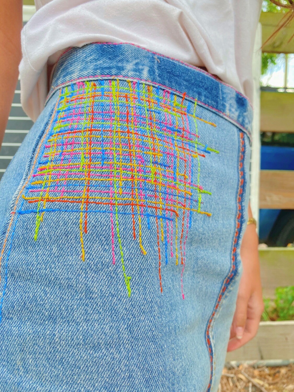Embroidered Denim Pencil Skirt