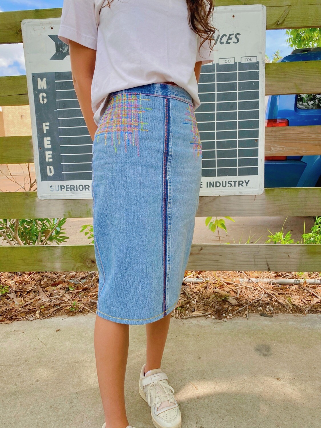 Embroidered Denim Pencil Skirt