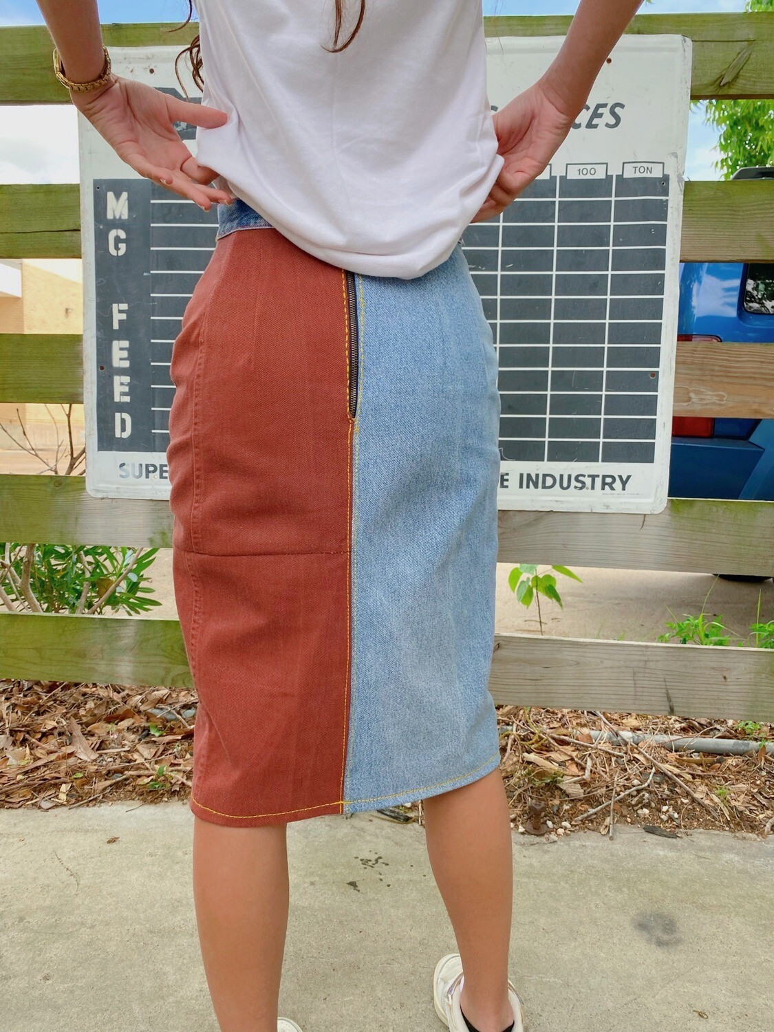 Embroidered Denim Pencil Skirt