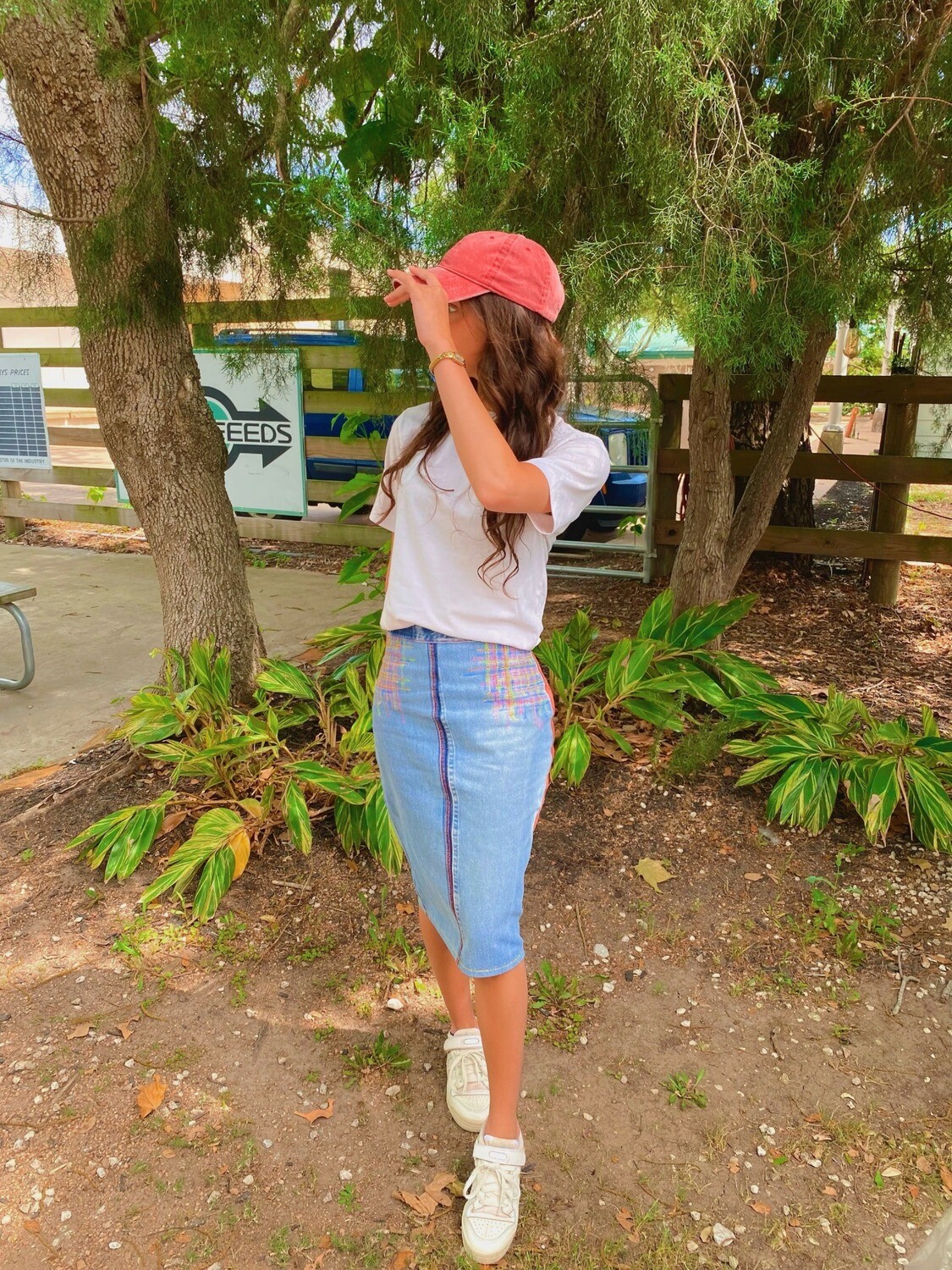 Embroidered Denim Pencil Skirt