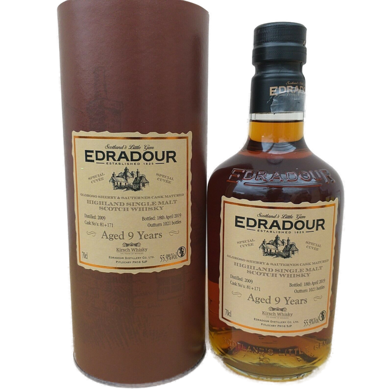 Edradour 9 Jahre Highland Single Malt Scotch Whisky 55,9% VOL. (1x0,7ltr.) Distilled 2009/Bottled 2019/Bottles 1021 Special Cuvee - Cask No. 81 + 171 inkl. Giftbox Edradour 9 Jahre Highland Single Malt Scotch Whisky 55,9% VOL. (1x0,7ltr.) Distilled 2009/Bottled 2019/Bottles 1021 Special Cuvee - Cask No. 81 + 171 inkl. Giftbox