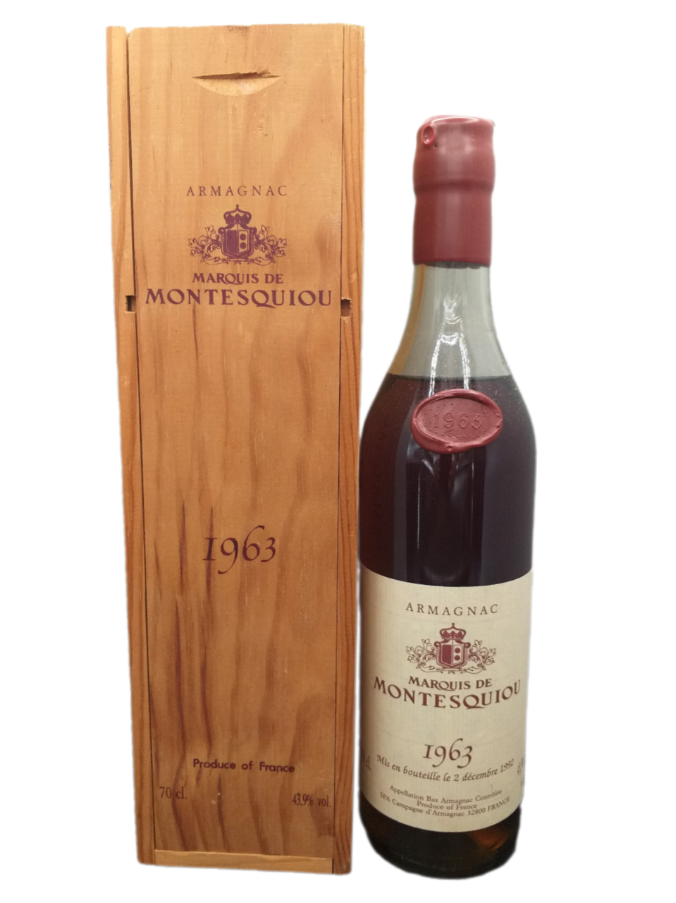 Marquis De Montesquiou 1963 Armagnac 43,9% VOL. (1x0,7ltr.) Holzkasten