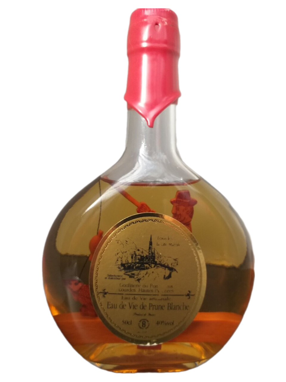 Eau de Vie de Prune Blanche 40% VOL. (1x0,5ltr.) Weißer Pflaumenschnaps mit Anglerholzfigur in Flasche