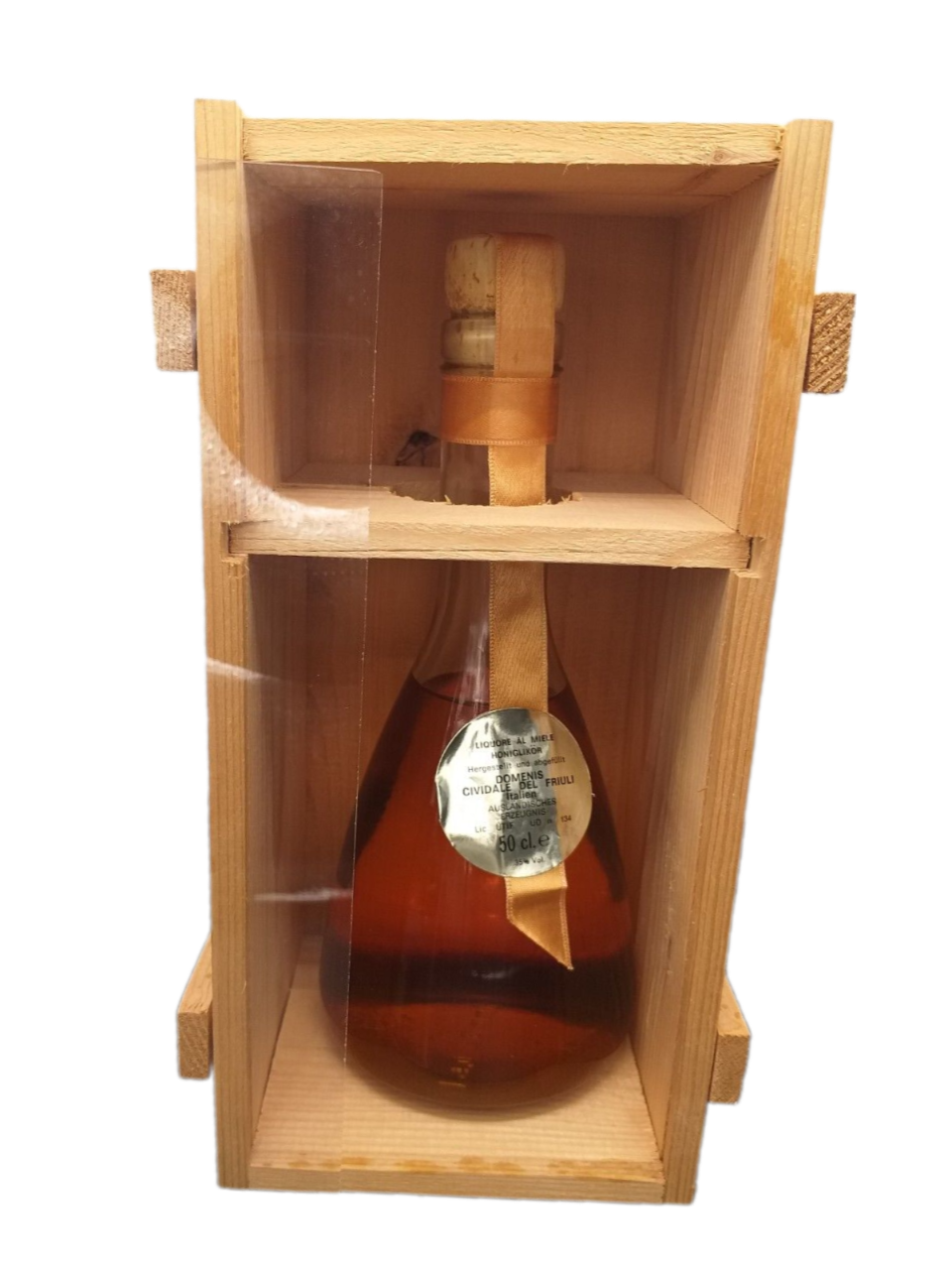 Liquore al Miele honey liqueur 35% VOL. (1x0,5ltr.) in a wooden box behind plexiglass